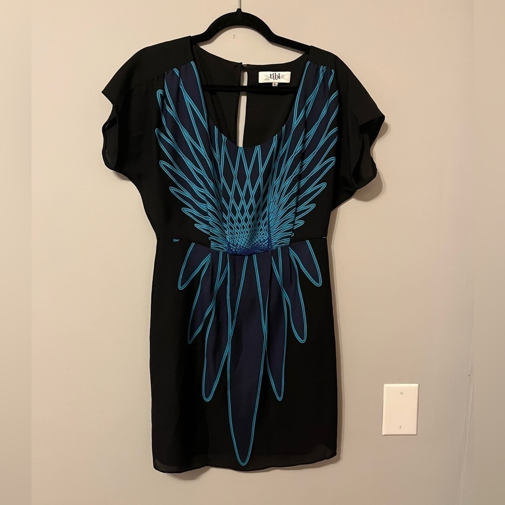 Tibi Women's Short Sleeve Black And Blue Lined Dress 100% Silk Size 6